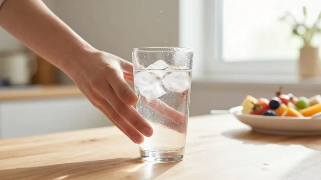 Mano acercándose a un vaso de agua fría con hielo sobre una mesa de madera iluminada por el sol.
