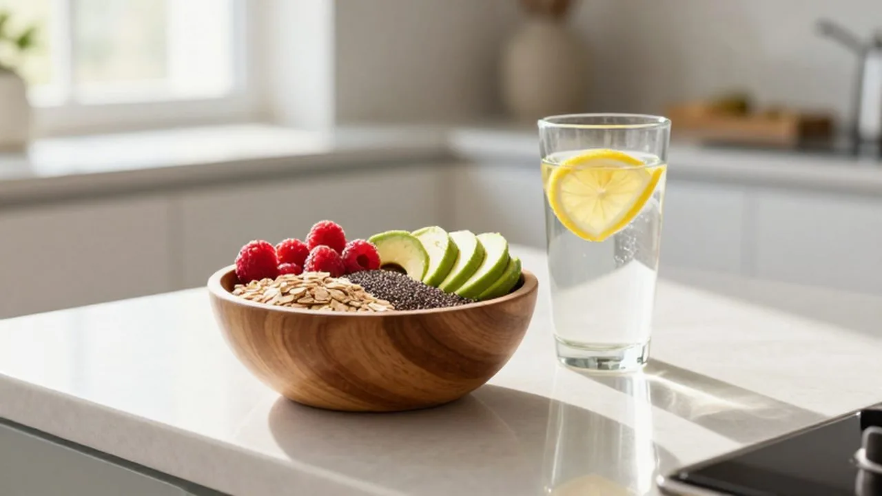 Cuenco de madera con avena, semillas de chía, frambuesas y aguacate junto a un vaso de agua con limón.