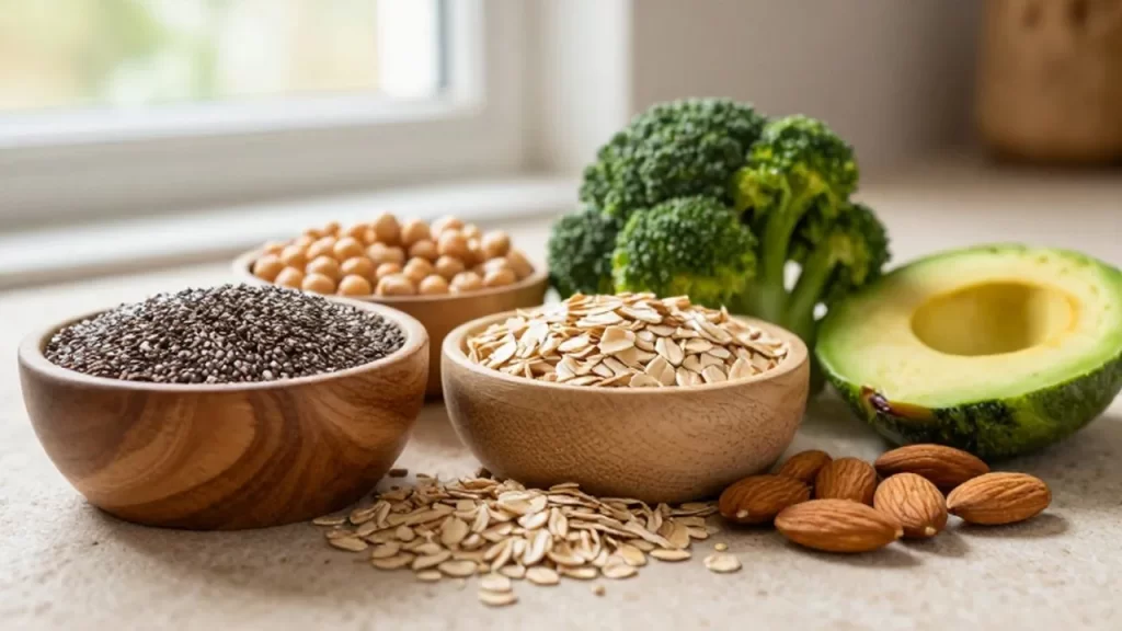 Variedad de alimentos ricos en fibra como semillas