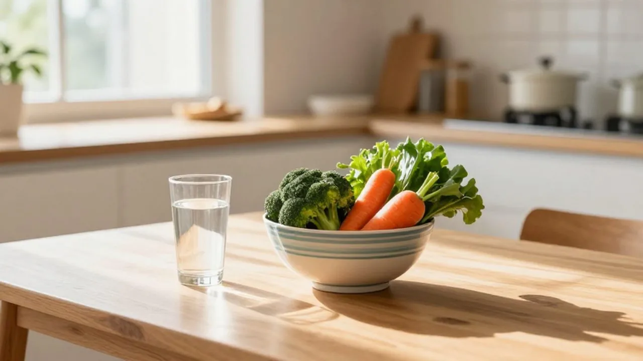 Cuenco de cerámica con verduras frescas junto a un vaso de agua sobre una mesa de madera.