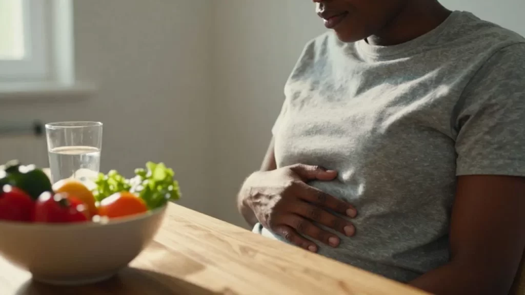 Persona sentada ante una mesa con verduras