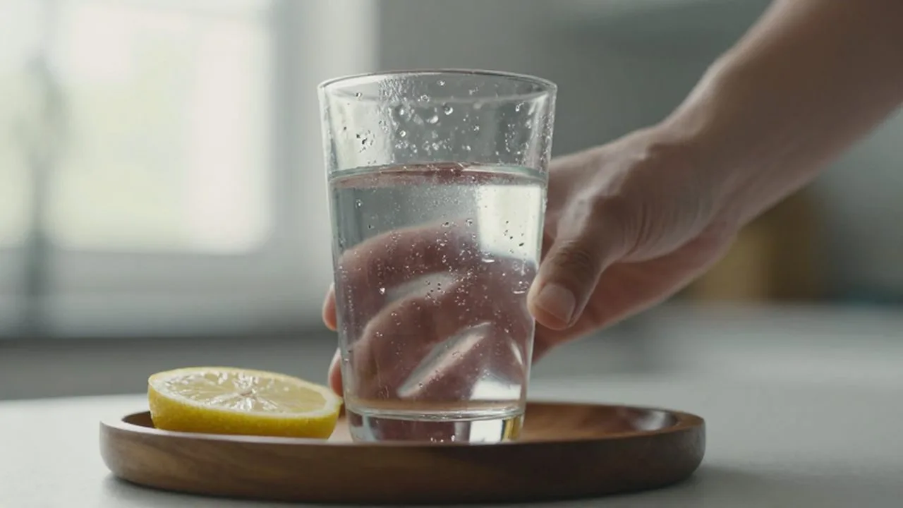 Vaso de agua fría con gotas de condensación y una rodaja de limón sobre una bandeja de madera.