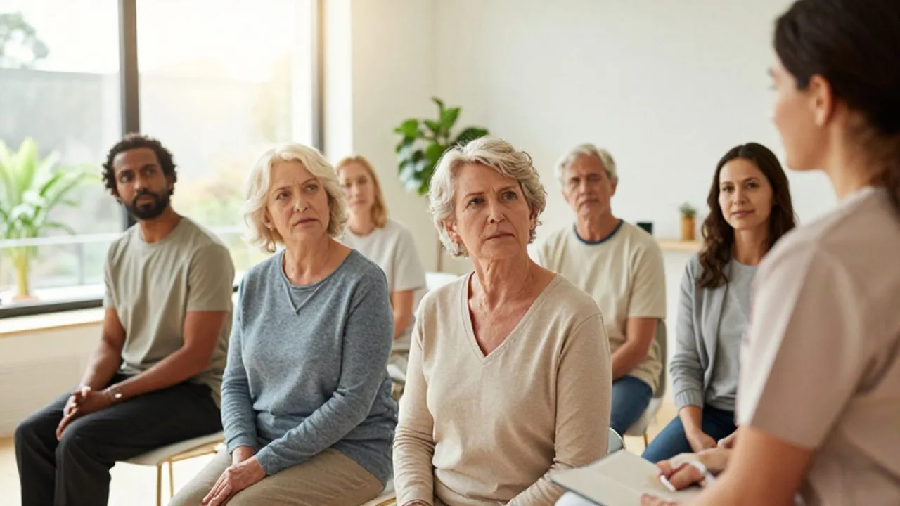 Grupo de adultos y personas mayores atentos escuchando a un profesional de la salud en una clínica luminosa.