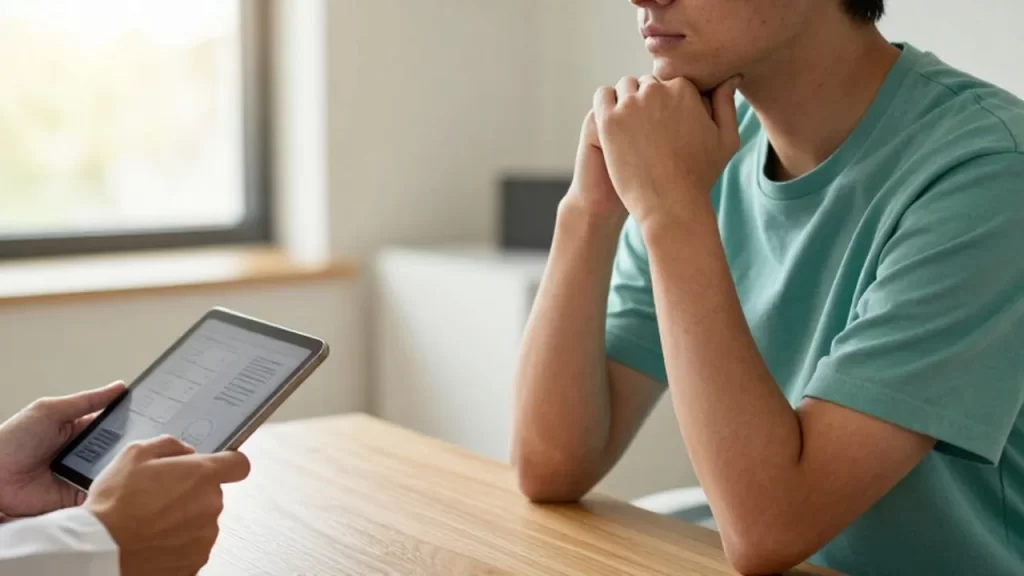Persona con expresión pensativa en una consulta médica junto a un profesional que muestra gráficos digitales.
