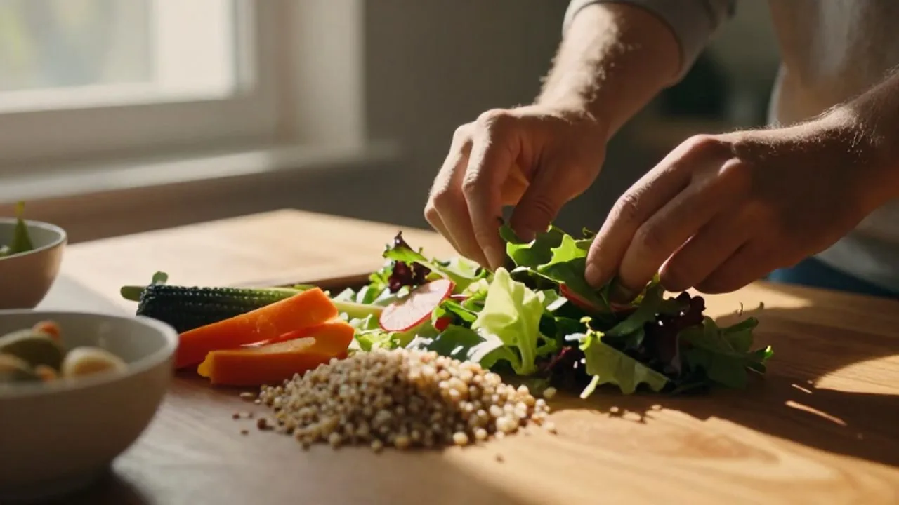 Manos preparando una ensalada de vegetales coloridos y granos sobre una mesa de madera.