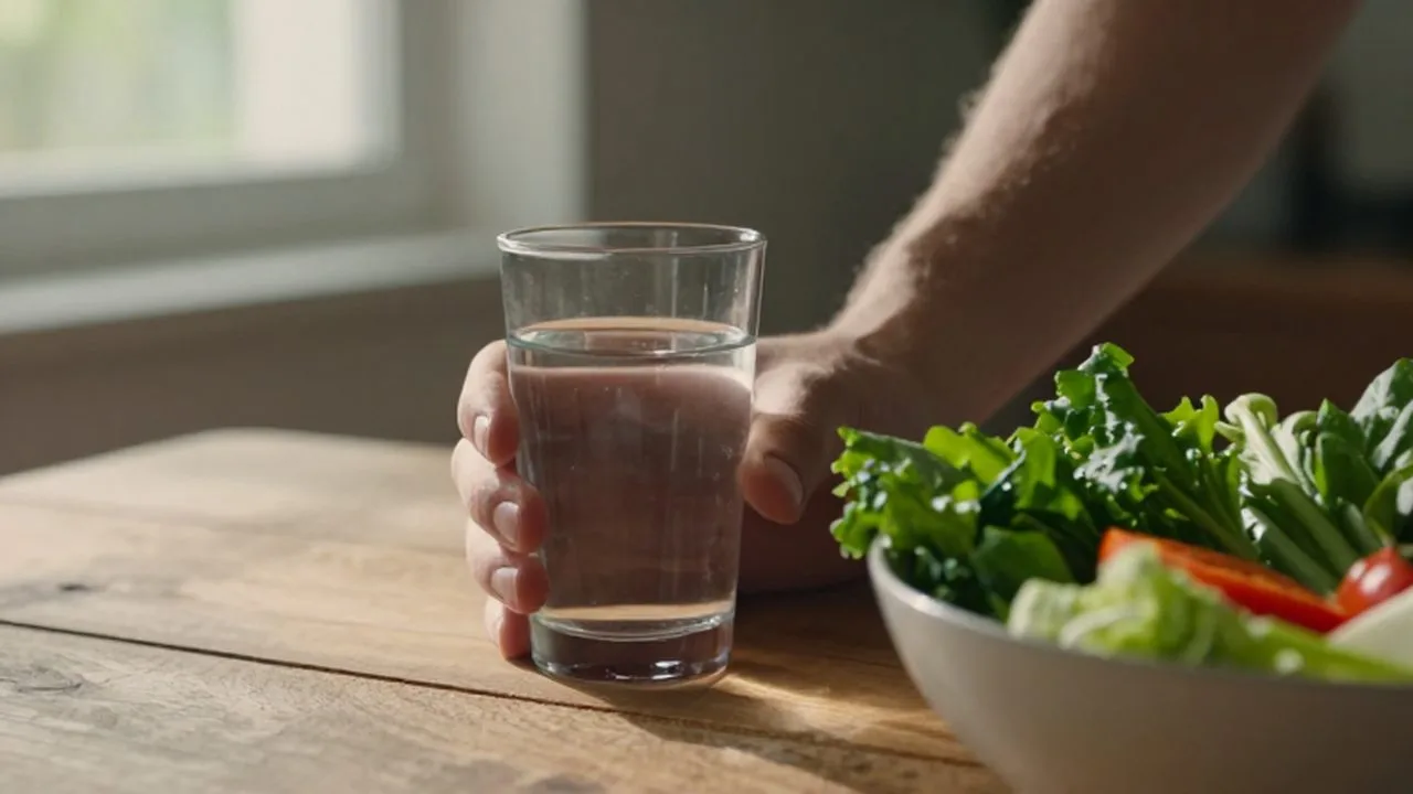 Manos sosteniendo un vaso de agua y un cuenco con vegetales frescos en una mesa de madera.