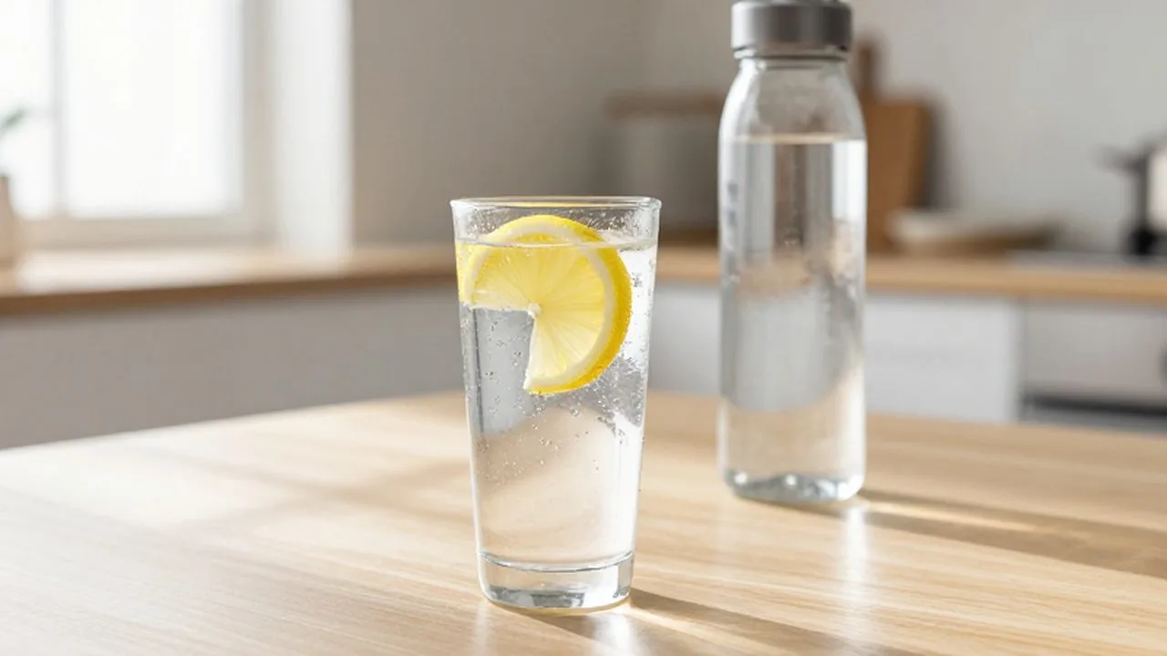 Vaso de agua con gas y rodaja de limón sobre una mesa de madera iluminada por el sol.