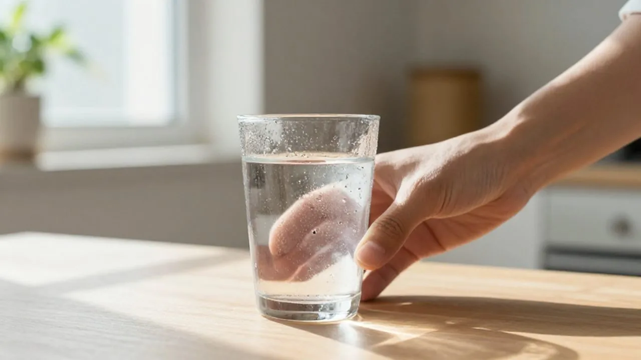 Una mano se acerca a un vaso de agua con gotas de condensación sobre una mesa de madera.