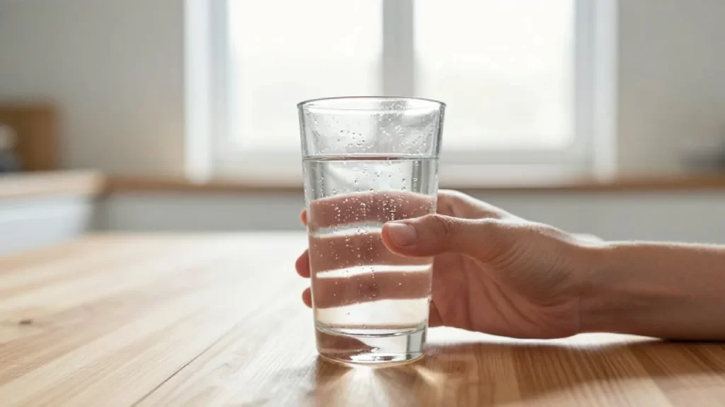 Persona sosteniendo un vaso de agua fresca con gotas de condensación bajo la luz matinal.
