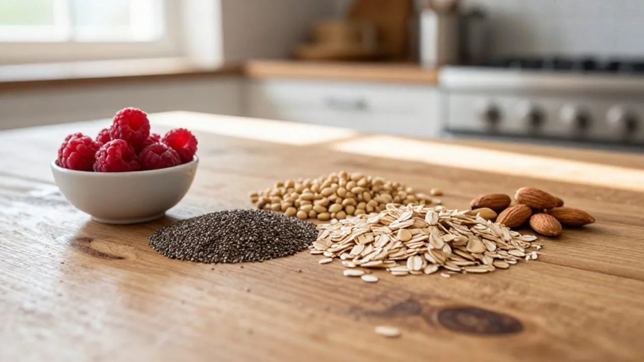 Variedad de alimentos ricos en fibra como frambuesas, semillas de chía, avena y almendras sobre una mesa de madera.