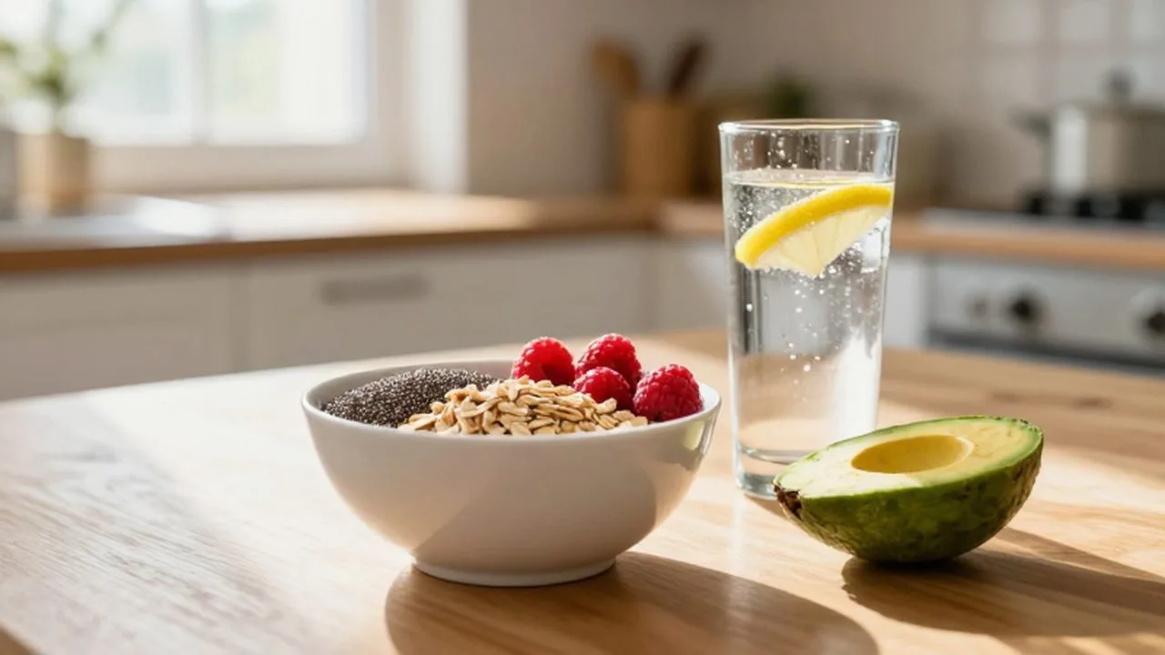 Bol de avena con chía, frambuesas y aguacate junto a un vaso de agua con limón.