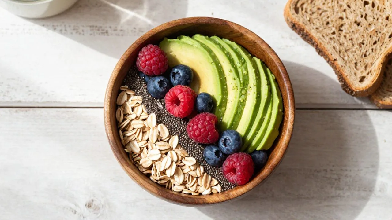 Cuenco de avena con frambuesas, arándanos y chía junto a aguacate y pan integral.