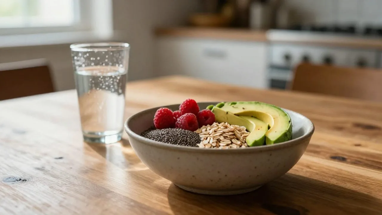 Cuenco de cerámica con avena, semillas de chía, frambuesas y aguacate sobre una mesa de madera.