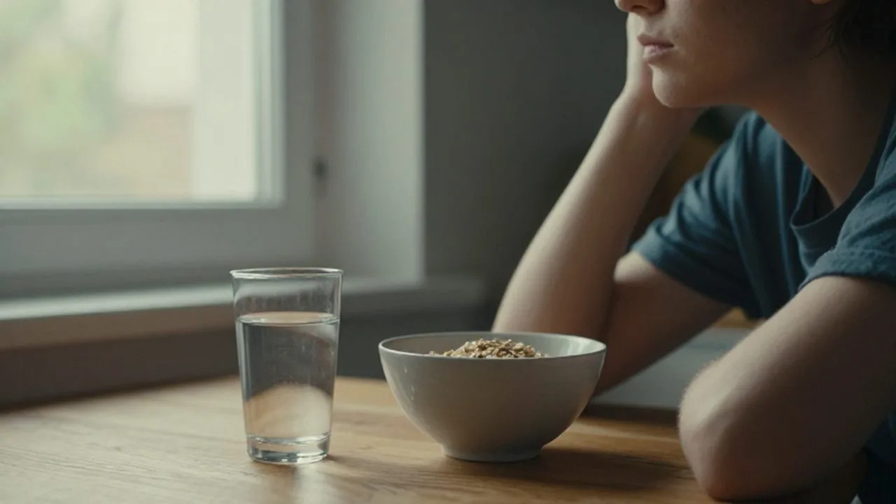 Persona sentada frente a una mesa de madera con avena y agua, mirando pensativa por la ventana.