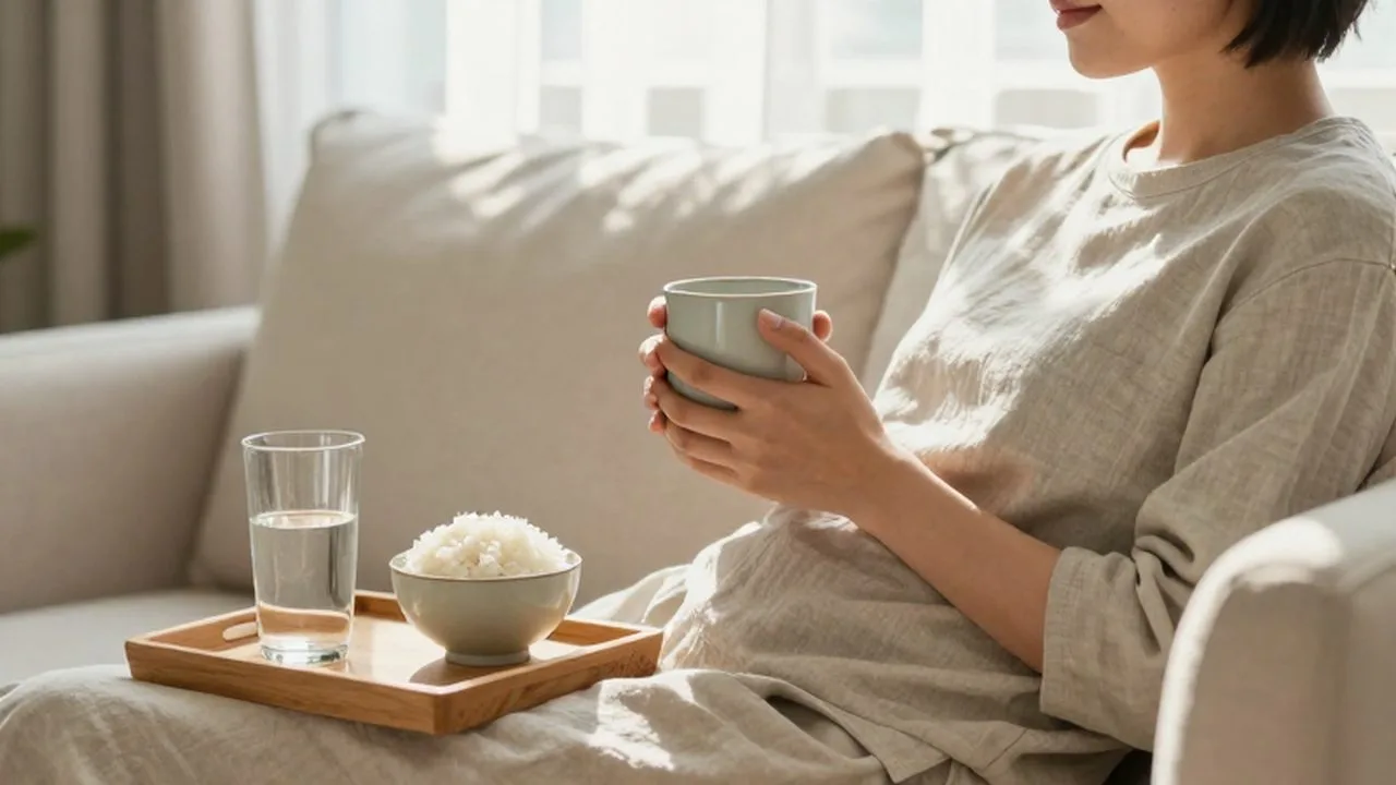 Persona descansando en un sofá de lino con una taza caliente y una bandeja de comida ligera.