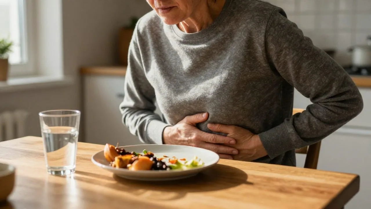 Persona de mediana edad sentada a la mesa con expresión de malestar abdominal tras comer.