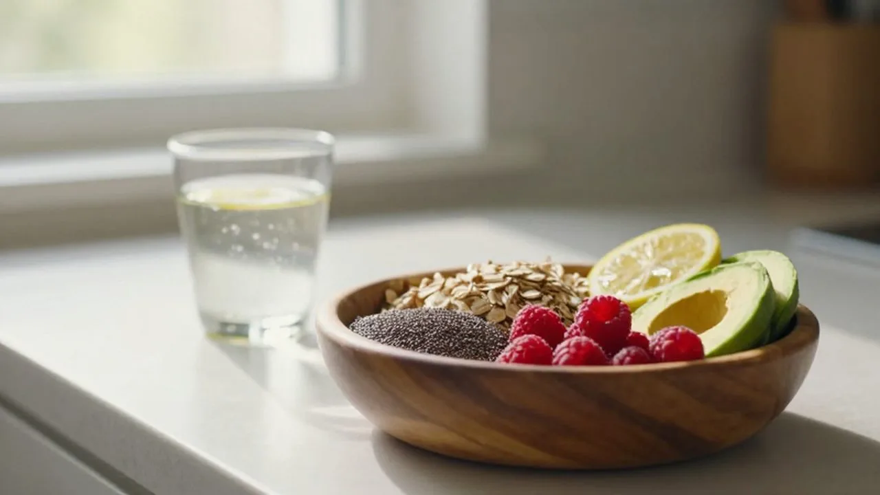 Cuenco de madera con avena, semillas de chía, frambuesas y aguacate sobre una encimera luminosa.