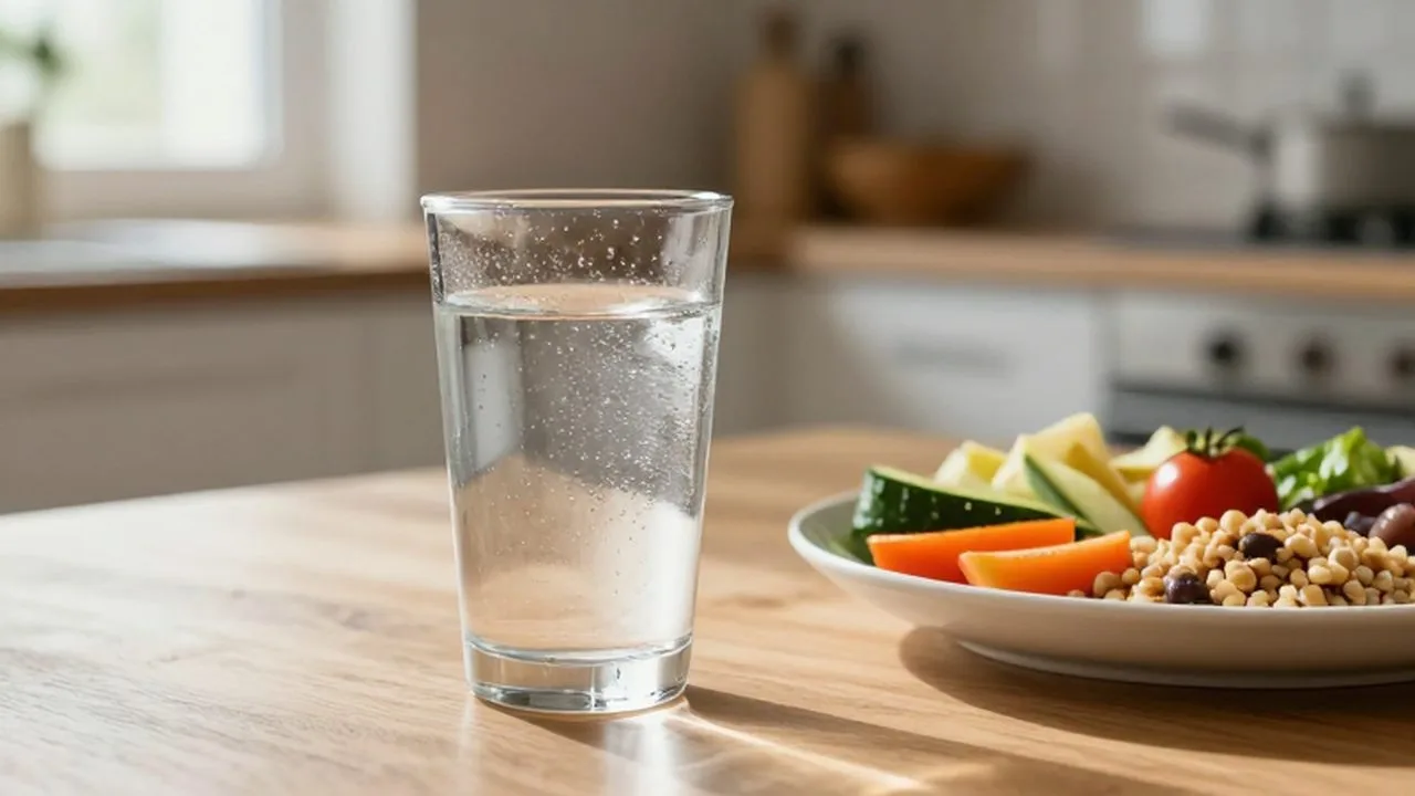 Vaso de agua con gotas de condensación junto a un plato de verduras y granos enteros.