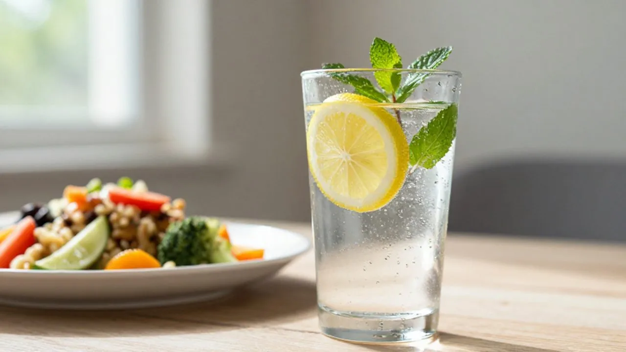Vaso de agua con gas, rodajas de limón y menta junto a un plato mediterráneo.