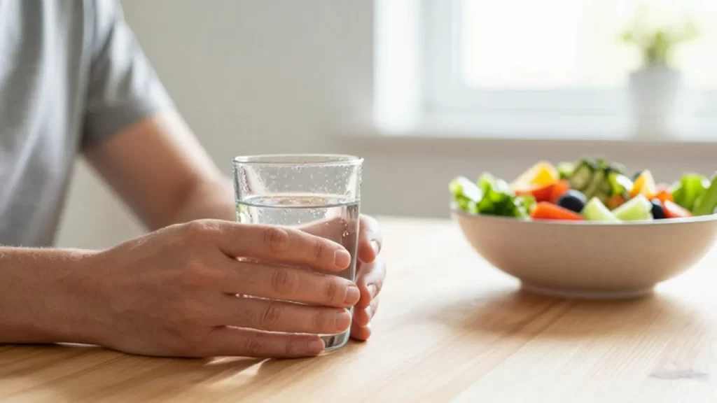 Persona sosteniendo un vaso de agua fresca junto a un bol de ensalada en una mesa iluminada por el sol.