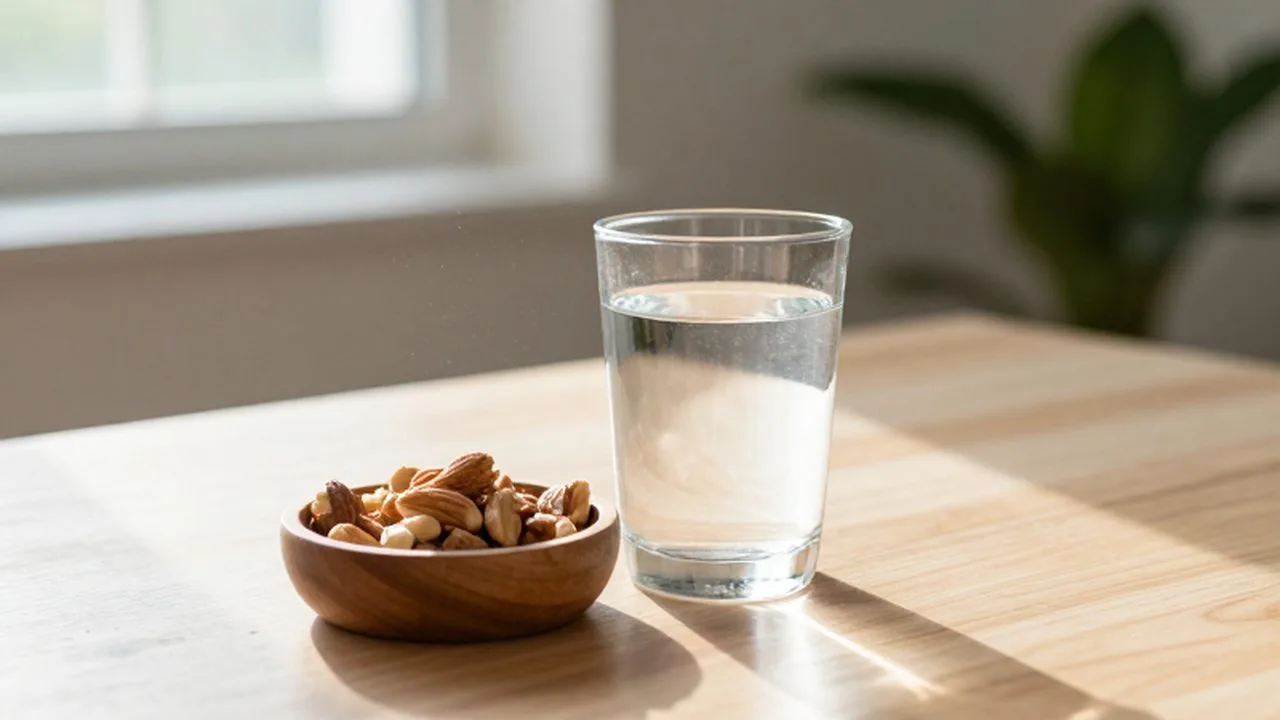 Vaso de agua y un bol de frutos secos sobre una mesa de madera bañados por el sol.