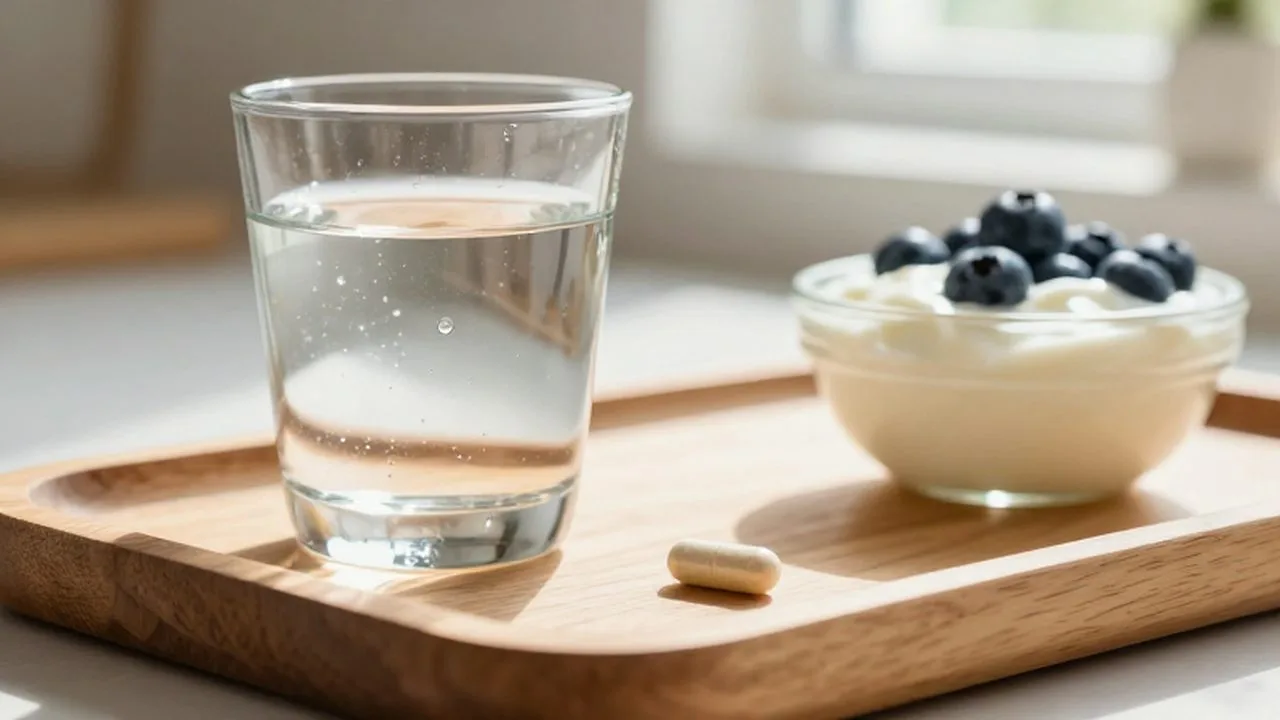 Vaso de agua y una cápsula de probiótico sobre una bandeja de madera con yogur y arándanos.