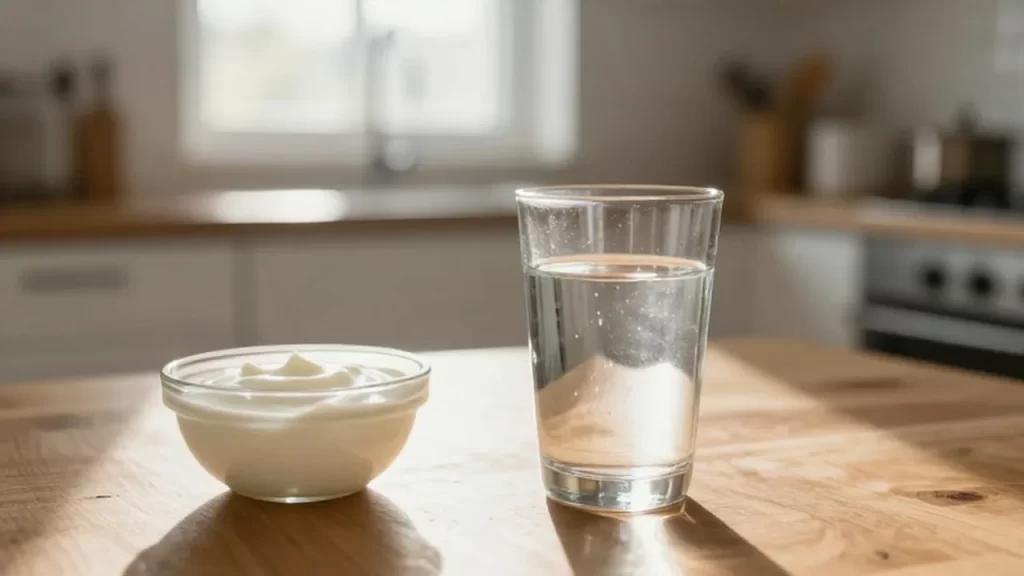 Vaso de agua fresca y un bol de yogur en una mesa de madera iluminada por la mañana.