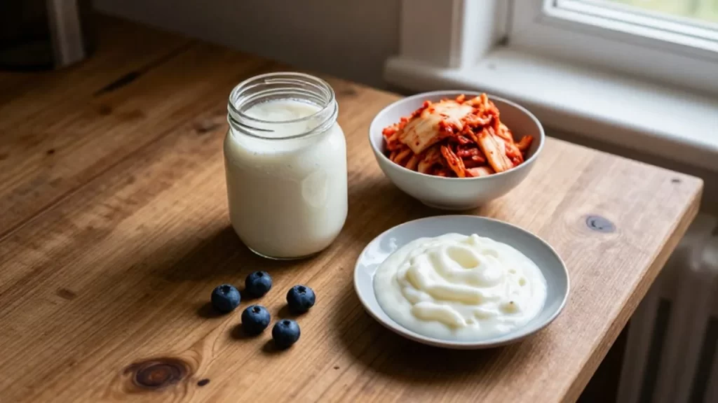 Variedad de alimentos probióticos como yogur
