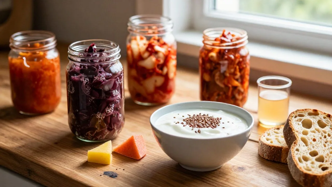 Variedad de alimentos fermentados como chucrut, kimchi y yogur de coco sobre una mesa de madera.