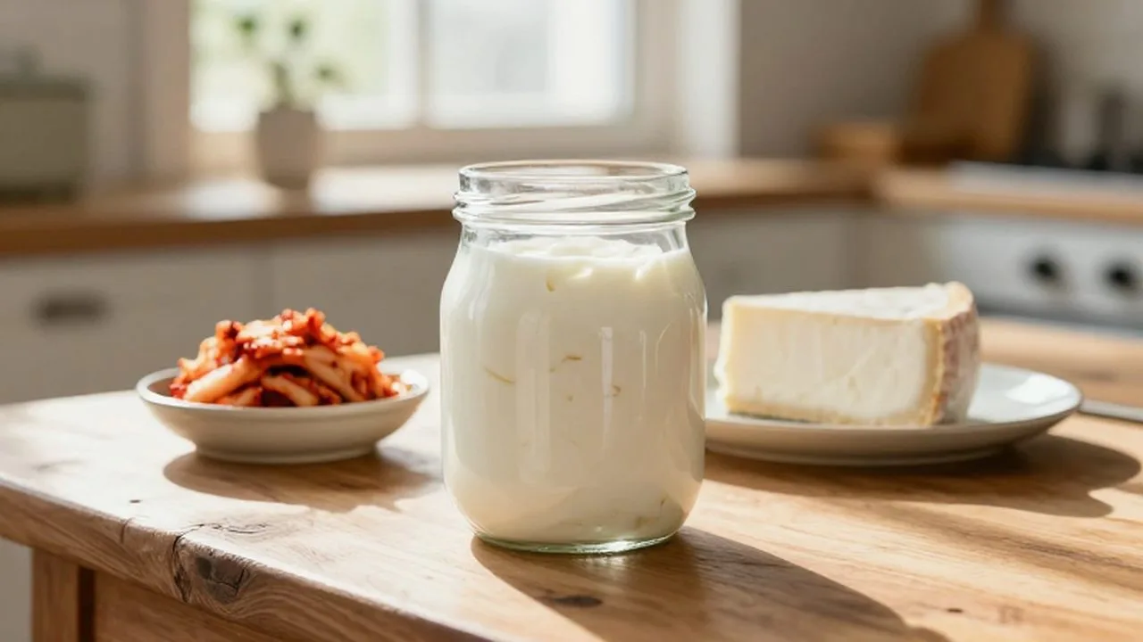 Yogur casero, kimchi colorido y kéfir artesanal sobre una mesa de madera bañada por la luz matutina.