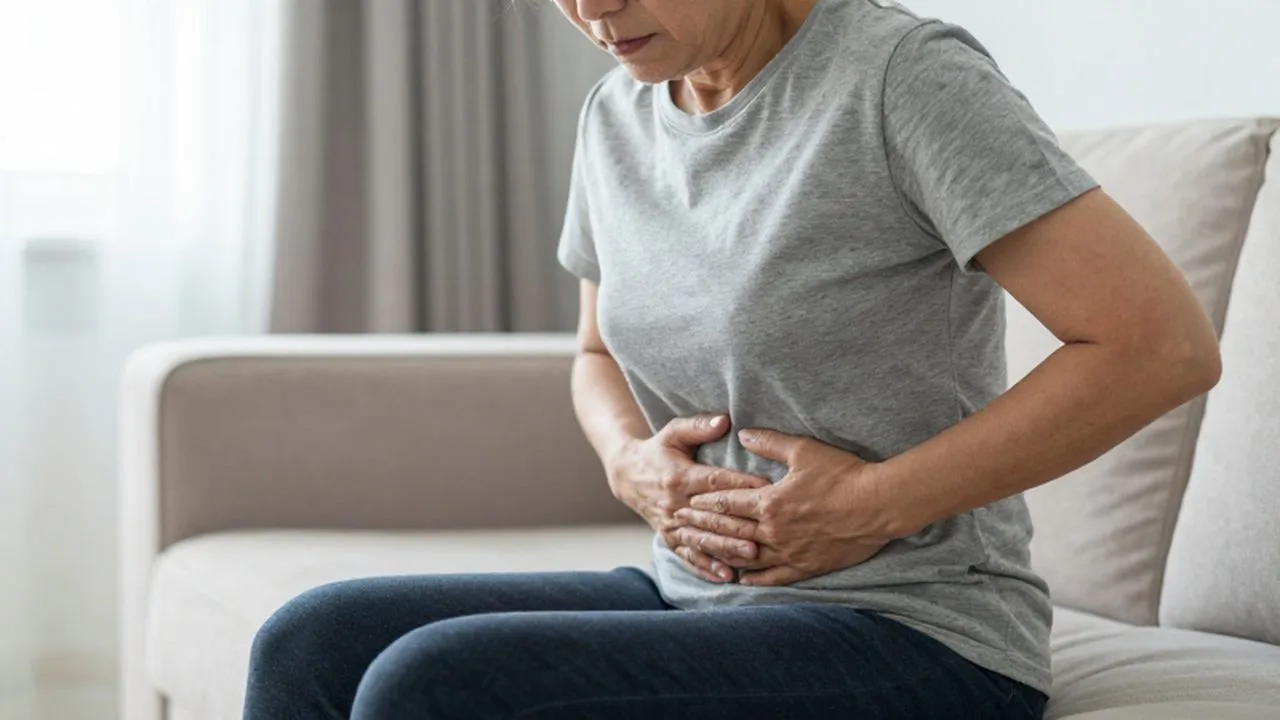 Persona de mediana edad sentada en un sofá con expresión de malestar abdominal.