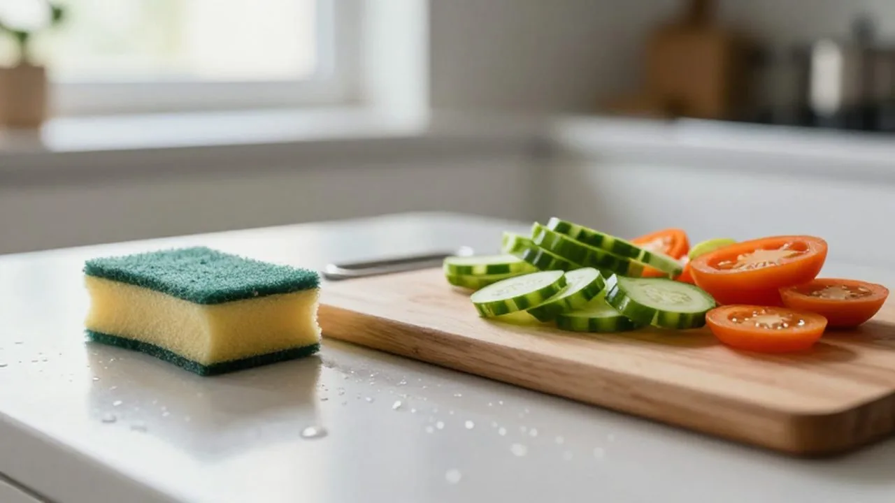 Verduras recién cortadas sobre una tabla de madera en una encimera de cocina iluminada por la mañana.