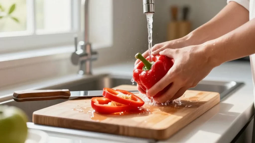 Manos lavando un pimiento rojo bajo un chorro de agua sobre una encimera de cocina.