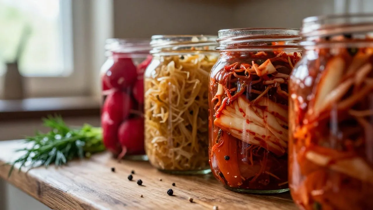 Frascos de vidrio con vegetales fermentados coloridos sobre una encimera de madera rústica.