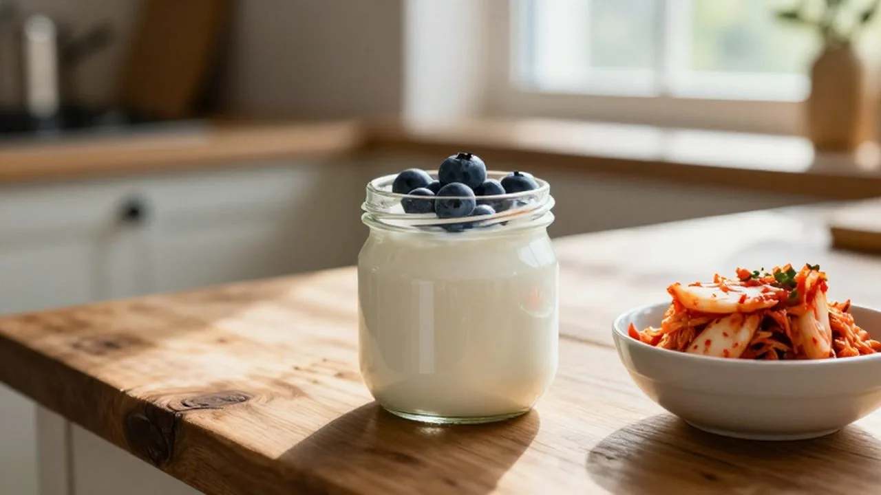 Yogur casero con arándanos y un cuenco de kimchi sobre una mesa de madera.