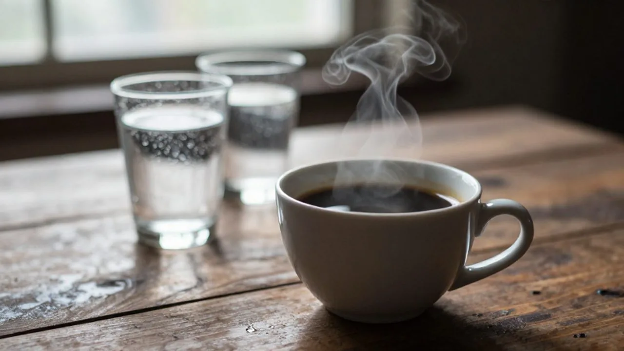 Taza de café negro humeante sobre una mesa de madera con vasos de agua al fondo.
