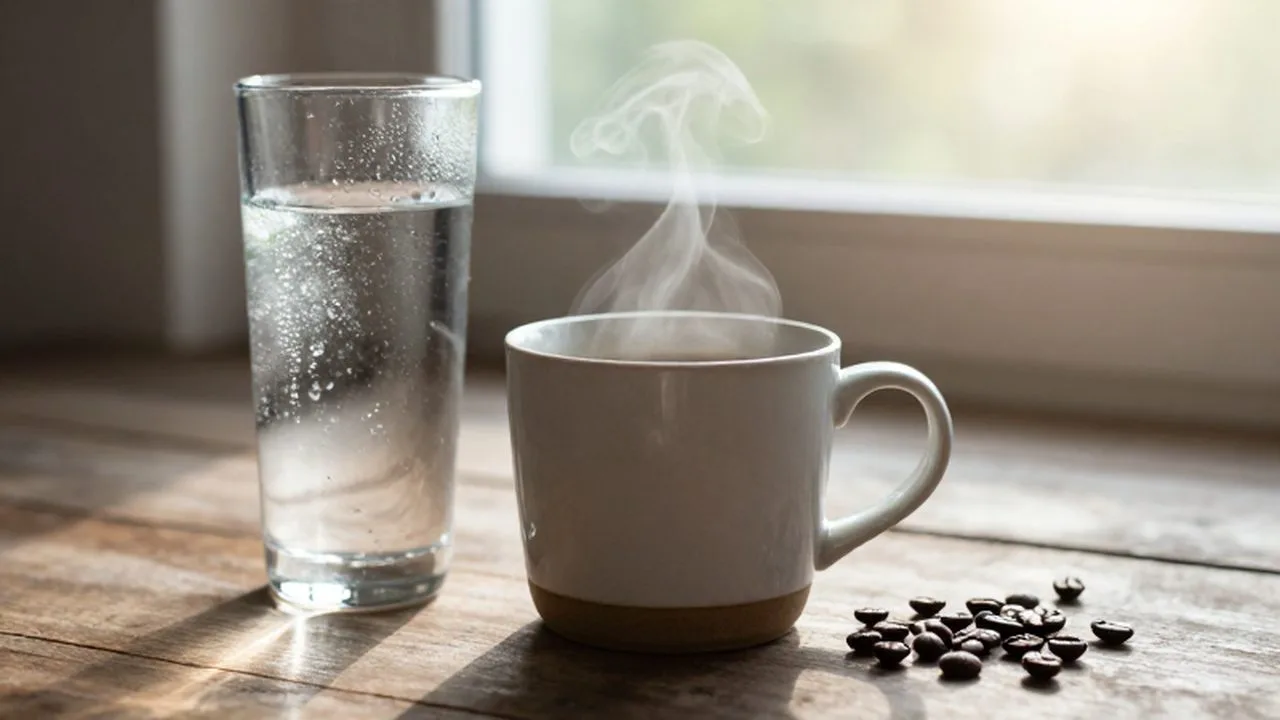 Taza de café humeante y un vaso de agua con hielo sobre una mesa de madera.
