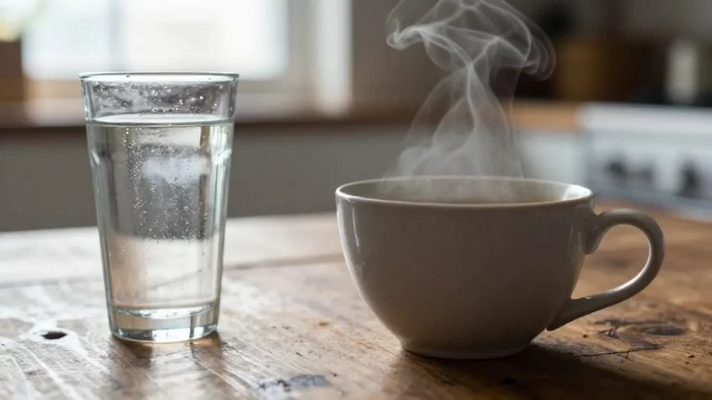 Taza de café negro humeante junto a un vaso de agua con gas sobre una mesa de madera.