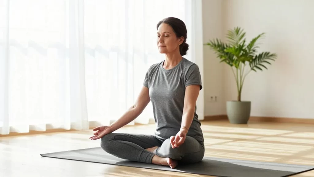 Persona de mediana edad practicando yoga en un salón luminoso y tranquilo.