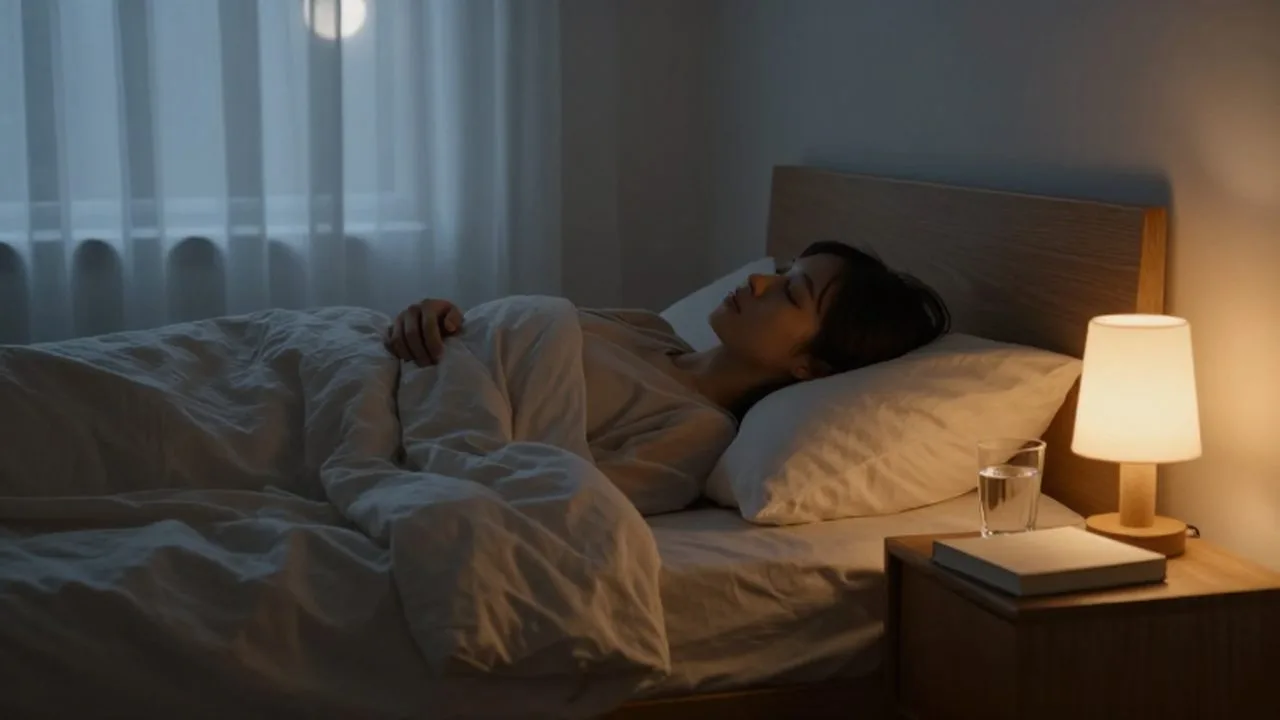 Persona durmiendo plácidamente en una cama acogedora bajo la luz tenue de una lámpara de noche.