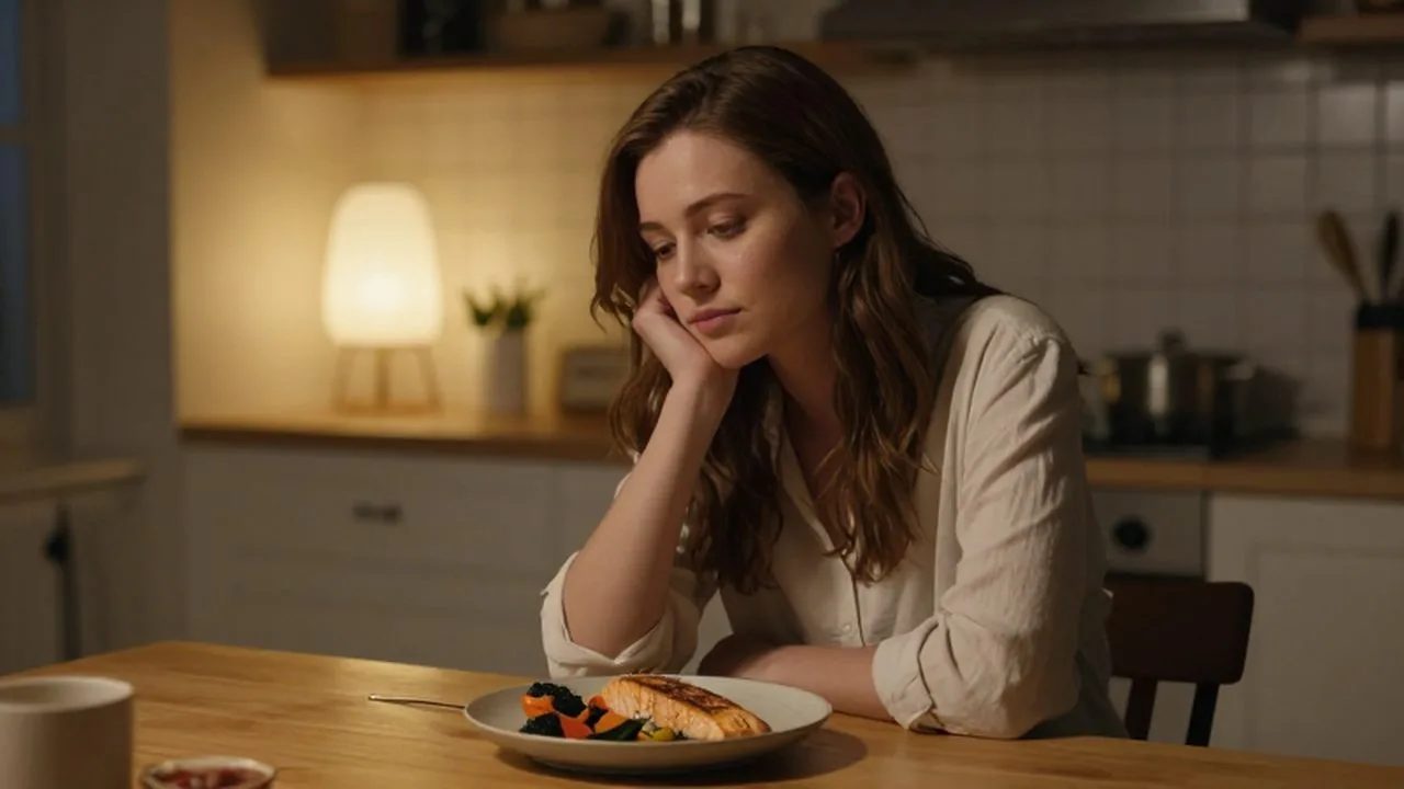 Mujer joven con expresión cansada cenando salmón en una cocina acogedora bajo luz tenue.