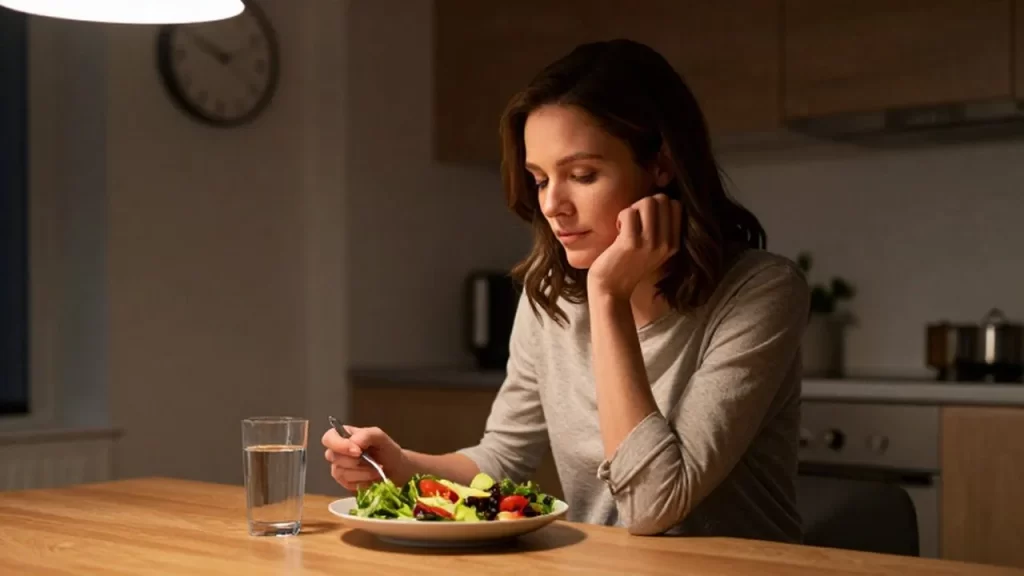 Mujer pensativa sentada ante una ensalada en una cocina acogedora durante la noche.