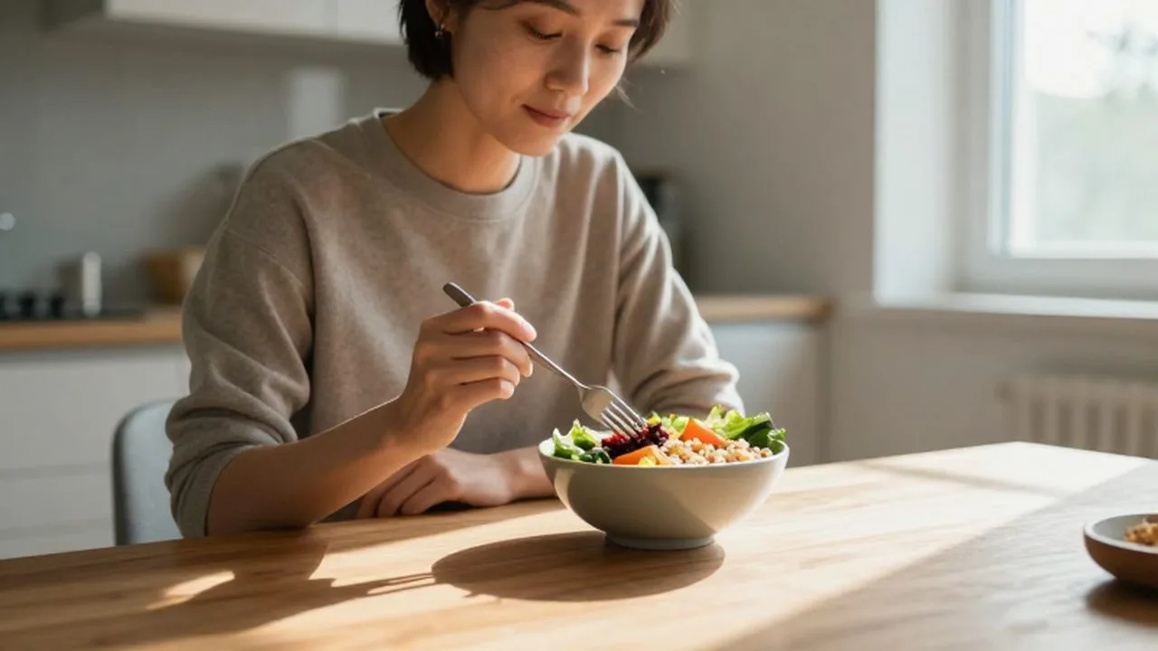 Persona tranquila disfrutando de un bol de vegetales frescos en una cocina luminosa por la mañana.