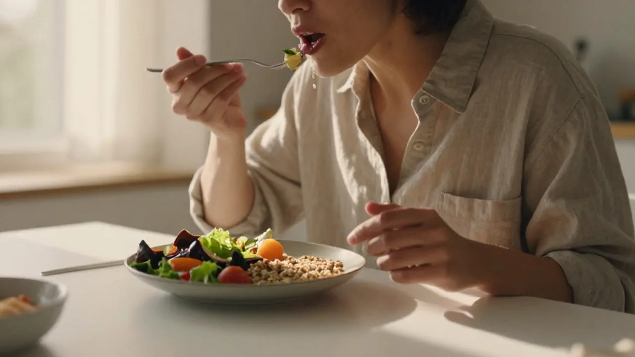 Persona comiendo rápidamente una ensalada colorida en una mesa luminosa y minimalista por la mañana.