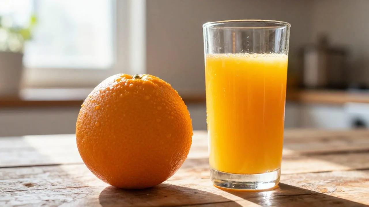 Naranja entera junto a un vaso de zumo recién exprimido sobre una mesa de madera.