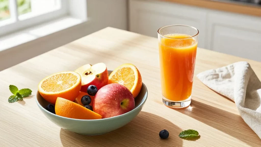 Cuenco de frutas variadas y un vaso de zumo natural sobre una mesa de madera iluminada por el sol.