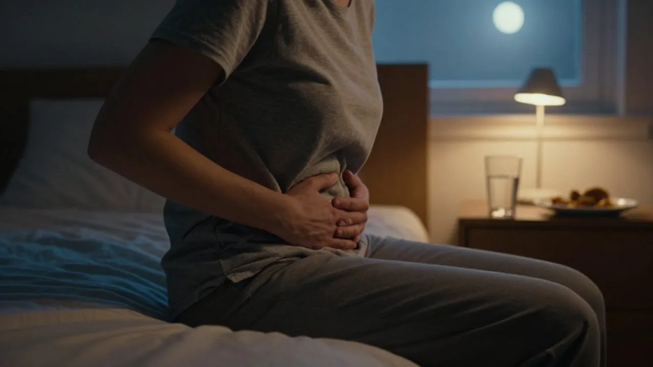 Persona sentada en la cama de noche con la mano en el abdomen mostrando malestar.