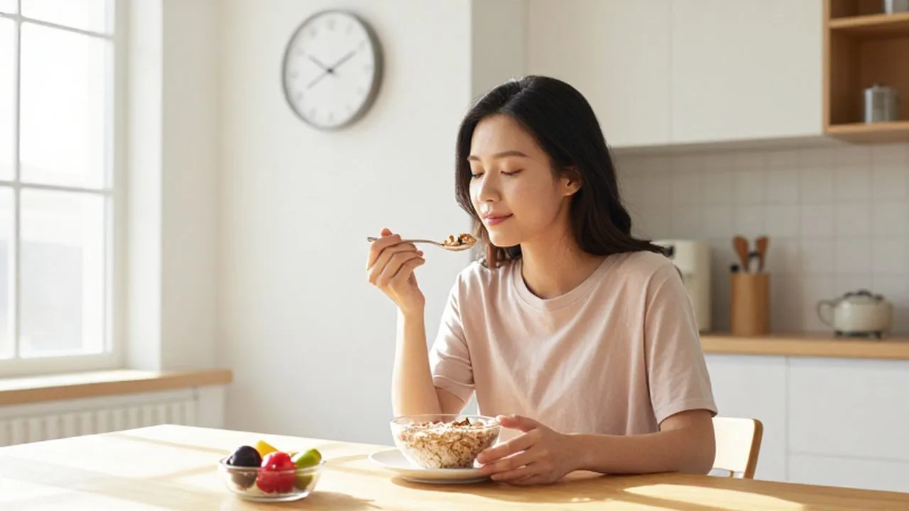 Mujer joven disfrutando un desayuno saludable en una cocina luminosa y moderna.