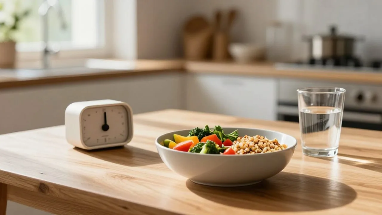 Bowl de comida saludable con vegetales y granos sobre una mesa de madera iluminada por el sol.