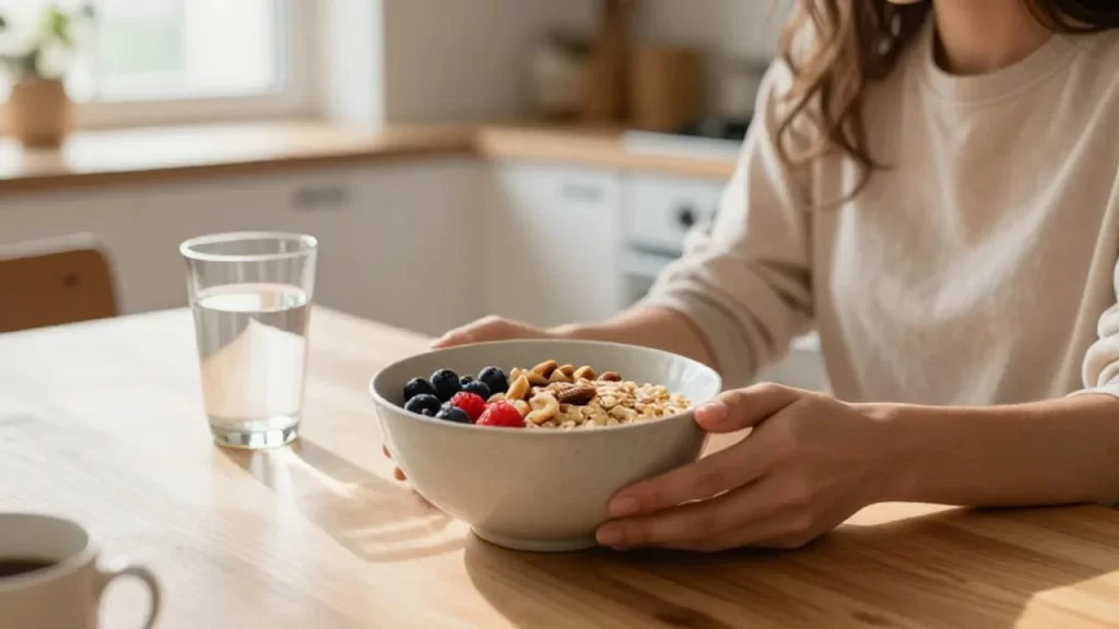 Mujer sentada ante un cuenco de avena con frutas y frutos secos en una cocina iluminada.